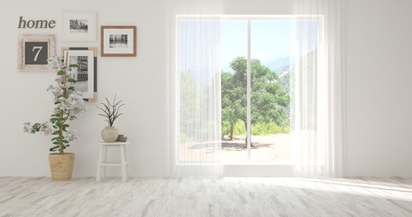 White empty room with summer landscape in window. Scandinavian interior design. 3D illustration
