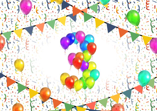 Number three made up from bright colorful balloons on white background with confetti