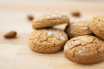 close up of oatmeal cookies on wooden table