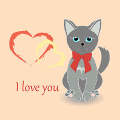 Cute kitten wishes happy Valentine's Day. Text- I love you. Illustration. Vector.