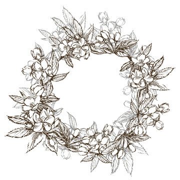 Branches of apple blossom. Floral wreath. Graphic round border.