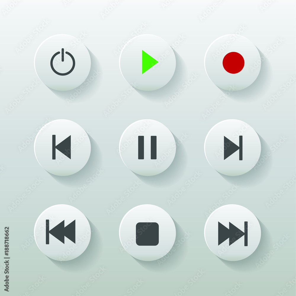 Poster symbol icon set media player control white round buttons. vector illustrator