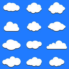 Cloud vector icon set white color on blue background. Sky flat illustration collection for web. Vector illustration