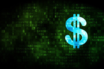 Money concept: pixelated Dollar icon on digital background, empty copyspace for card, text, advertising