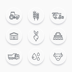 Agriculture, farming line icons set, tractor, agrimotor, harvest, cattle, agricultural machinery, storage