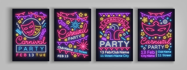 Carnival party is set of posters in neon style. Collection of neon signs, design template, brochure, glowing poster. Bright neon advertising of carnival, masquerade, dance party. Vector illustration