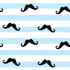 Vector seamless pattern of black mustache on blue grunge striped background