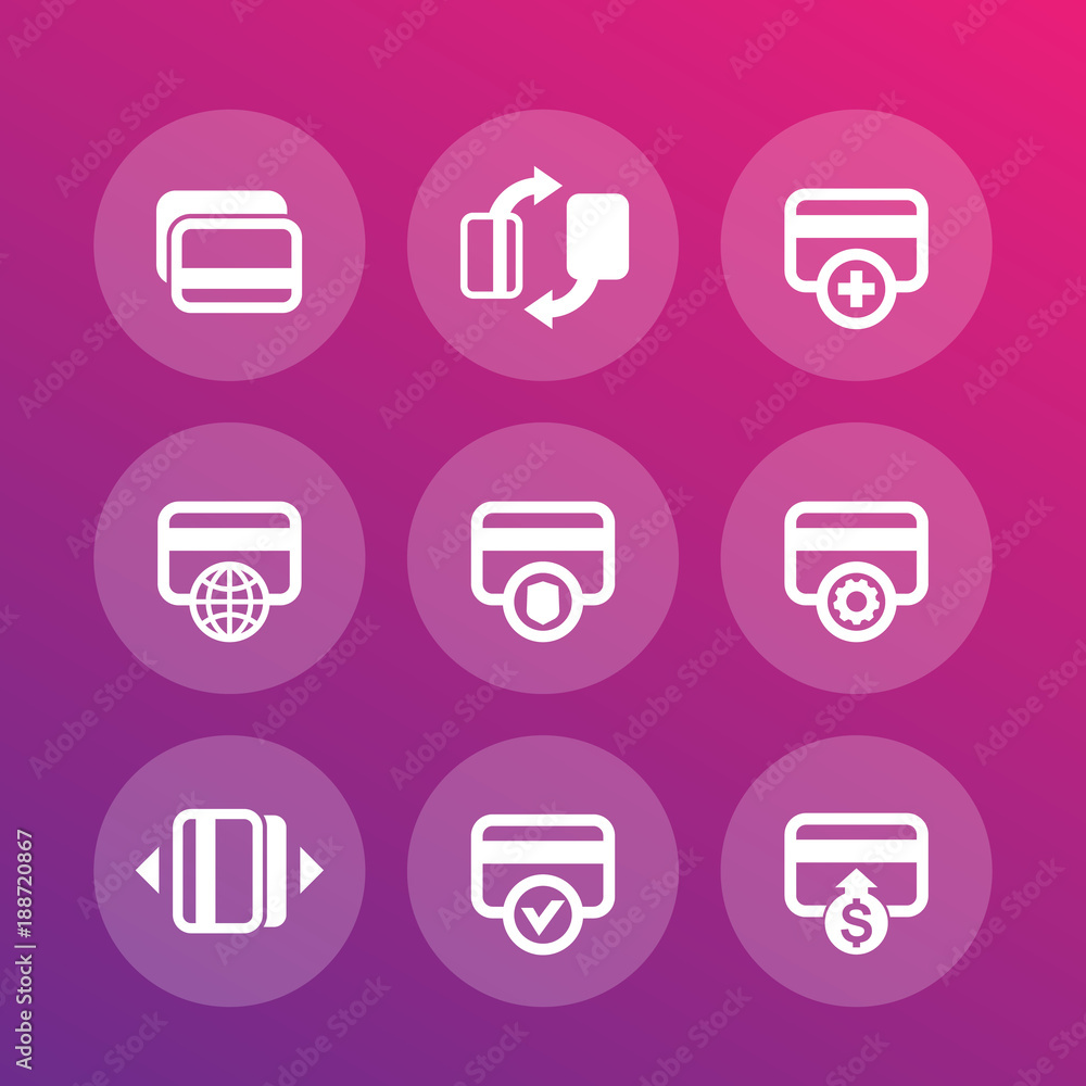 Poster credit cards icons set for internet banking app interface, secure payment, transaction, processing, 