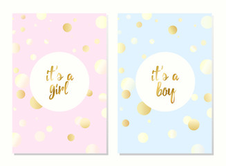 Set of vector invitation with gold bubbles for girl and boy. Baby shower posters with lettering. It's a girl, it's a boy greeting card.