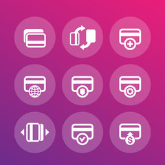 credit cards icons set for internet banking app interface, secure payment, transaction, processing, add funds vector pictograms