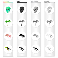 A human skull, a palm tree, Ambystoma mexicanum, a tukan bird. Country Mexico set collection icons in cartoon black monochrome outline style vector symbol stock illustration web. © pandavector