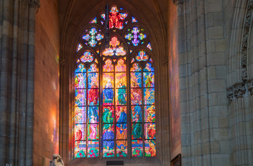 Fototapeta premium Gothic architecture and stained glass window in Saint Vitus Cathedral In Prague.