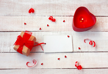 valentine day background, candle, gift box, paper tag, small heart