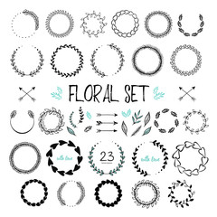 Floral collection of hand drawn doodles, arrows, branches, leaves and floral frames with text. Can be used for birthday cards, wedding invitations, save the date and other cards.