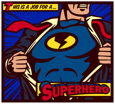 Pop art comic book style panel superhero tearing shirt and wearing costume vector poster illustration