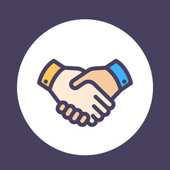 handshake icon, deal, partnership, agreement, shaking hands pictogram in flat style with outline on white