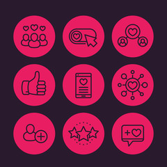 Likes, followers, hearts, rating line icons set