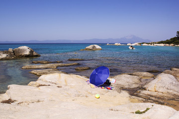 Orange beach, Sithonia, Greece. Beach umbrella 
