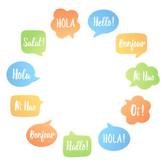 Color Speech bubbles Poster. Vector set of bubbles in circle with place for text. Hello in different languages: hi, hallo, hola.. Communication people concept. Illustration for language learning