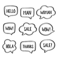 Set of vector speech bubbles with white dashed line and short popular words: hello, man, woman,wow, sale, hola, thanks. Vector illustration © Anastasiia23