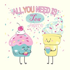 Kawaii anime vector cute illustration cake and icecream on scratch background with text. All you need is tea party