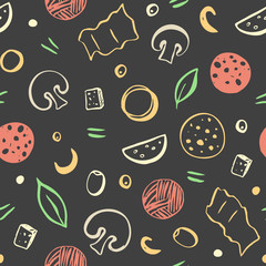 Seamless pattern of color pizza ingredients on dark background. Vector illustration