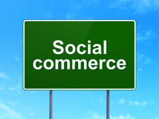 Advertising concept: Social Commerce on green road highway sign, clear blue sky background, 3D rendering