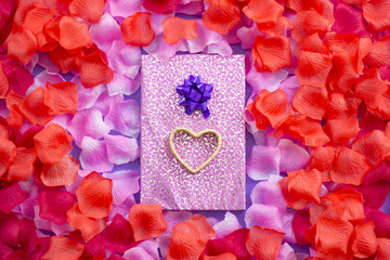 valentines day colored gift box, heart shape and flowers background composition photography