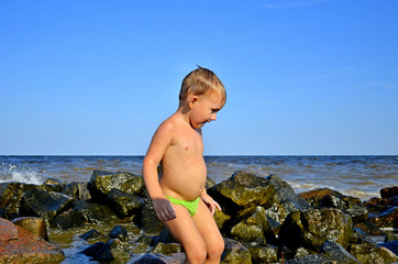 Beautiful view of rocky coast on Gotland, island in the Baltic Sea in Sweden. Little boy with light blonde hair standing on stone, looking at dog. Dog carrying stick, going out of water on stone beach