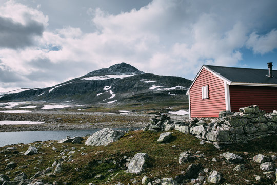 Driving on the famous Aurlandsvegen - Mountain road (Bjorgavegen), Aurland in Sogn og Fjordane county, Norway. Beautiful summer landscape in the North.