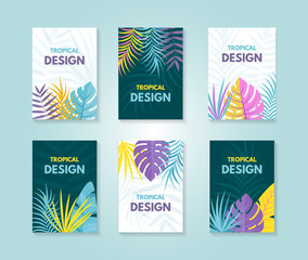 Tropical leaves background. Exotic summer design for card or invitation. Vector illustration. 