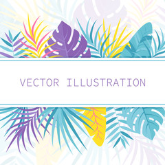 Tropical leaves background. Exotic summer design for card or invitation. Vector illustration. 