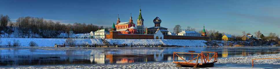 Panorama of the Orthodox monastery on the banks of the river