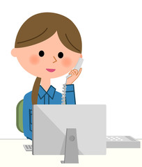 作業服の女性　PCと電話