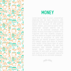Fototapeta na wymiar Money concept with thin line icons: cash, credit card, pos terminal, piggy bank, wallet, hand with coins, bag of gold. Modern vector illustration for banner, print media, web page.
