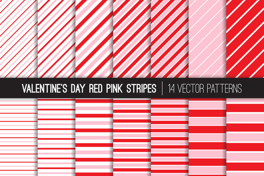 Valentine's Day Red and Pink Diagonal and Horizontal Stripes Vector Patterns. Modern Striped Backgrounds. Pin Stripes & Candy Stripes. Variable Thickness Lines. Pattern Tile Swatches Included.