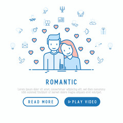 Romantic concept: couple in love with hearts around and thin line icons, related to dating, honeymoon, Valentine's day. Modern vector illustration, web page template.