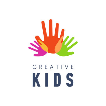 Kids Creative Template Logo Vector Illustration. Colorful Hand Palms On White Background