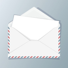 Blank template of open white envelope with empty sheet. Symbol of postal message, post mail, email or business document. Vector illustration.