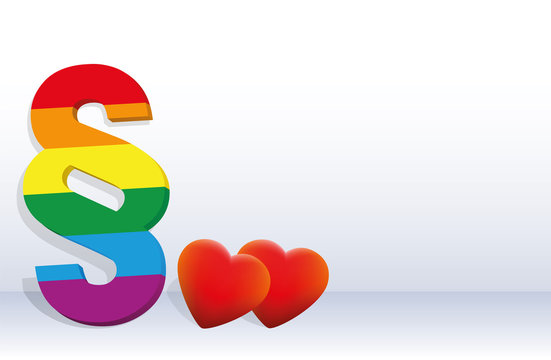Gay rights - symbolized by a rainbow pride colored paragraph and to hearts, concerning homosexual life.