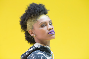 fashion portrait of young woman with purple lips