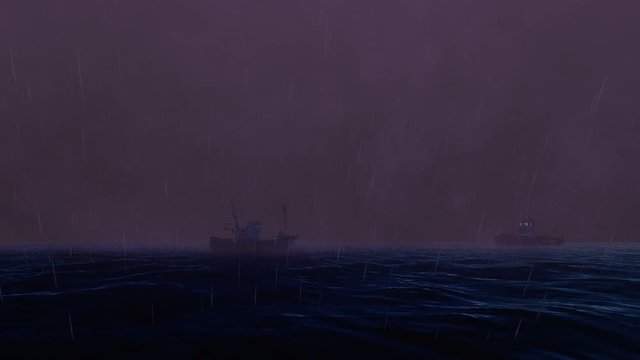 Ships on the ocean Stormy Sea at Night with Rain