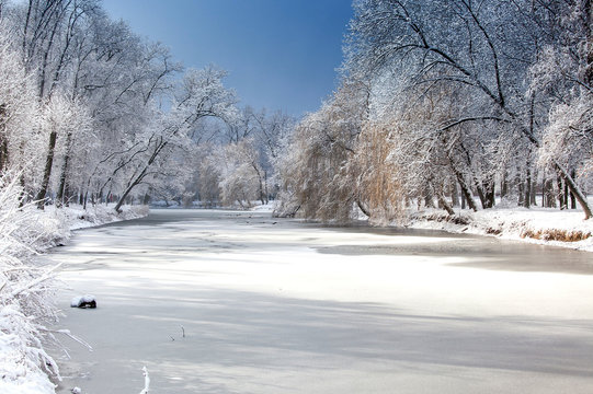 White winter landscape with fresh snow on frozen pond and trees on the lakeside