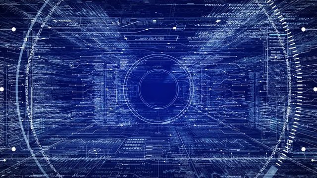 HUD technological intro.Flying through digital HUD target in sci fi cyber space.Techno background.Futuristic interface with running code text.Good for tech titles, news headline.Blue. Type 2