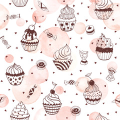 Cupcakes seamless pattern with watercolor hearts on white background. Sweets background design. Hand drawn doodle illustration with pastry. Watercolor vector texture.