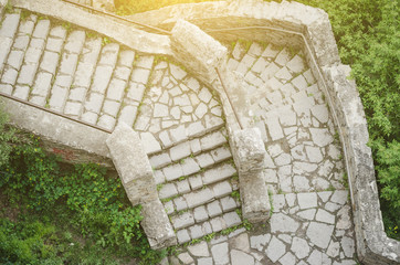 texture stone steps. Texture of old stone steps patterned stone, top view.
