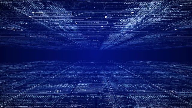 Camera moves through digital computer cyberspace.Programming data code text and futuristic HUD elements.Good for tech titles and background, news headline business intro screensaver.Blue. Type 1
