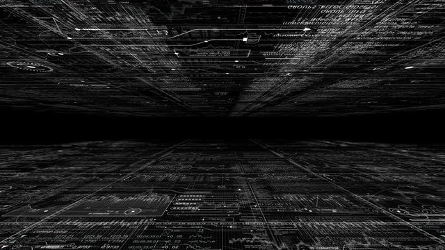 PNG Alpha.Camera moves through digital computer cyberspace.Programming data code text and futuristic HUD elements.Good for tech titles and background, news headline business intro screensaver.Type 2