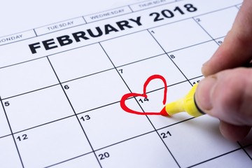 February 14, 2018 on the calendar, Valentine's day, heart from red felt