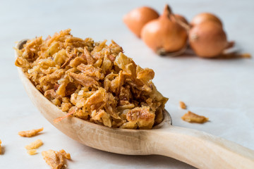 Fried Crispy Onion Flakes with Wooden Spoon